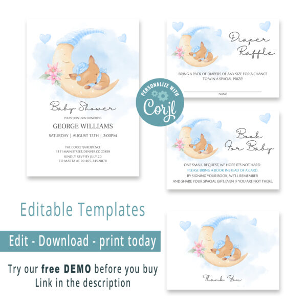 EDITABLE Cute Fox Baby Shower Package