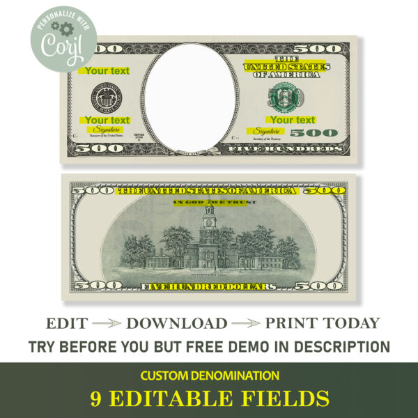 Editable custom denomination Dollar Bill