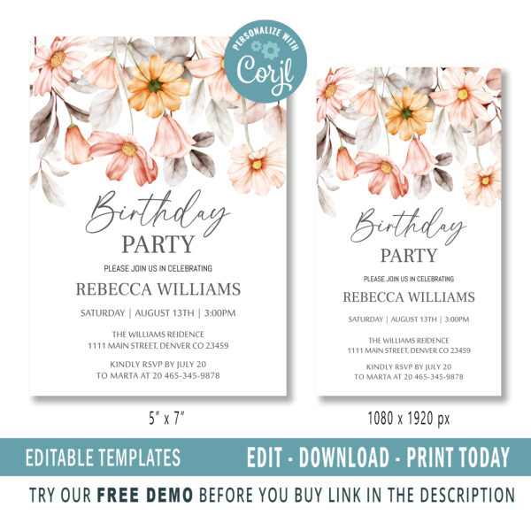 Editable Spring Floral Birthday Party Invitation