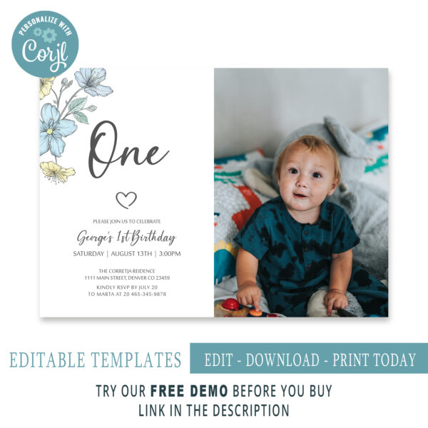 Editable Minimalist First Birthday Invitation