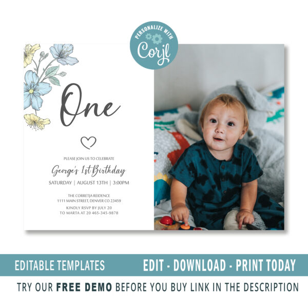 Editable Minimalist First Birthday Invitation