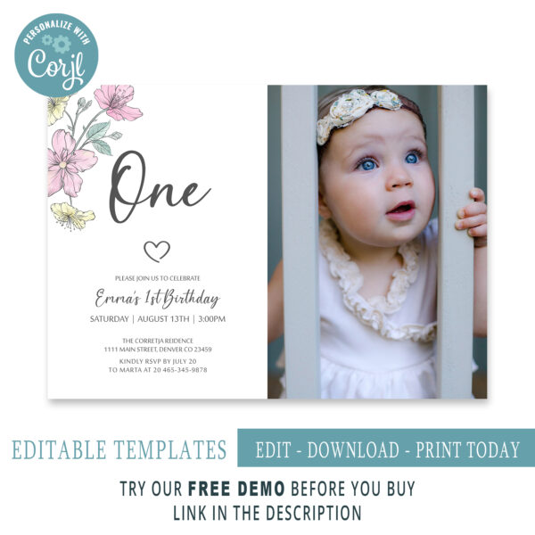 Editable Minimalist First Birthday Invitation