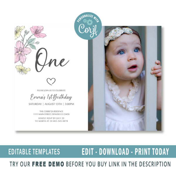 Editable Minimalist First Birthday Invitation