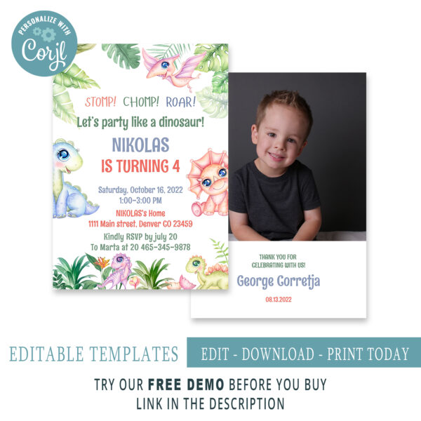 Editable Dinosaur Birthday Invitation Template