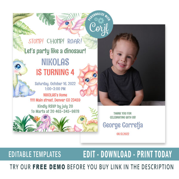 Editable Dinosaur Birthday Invitation Template