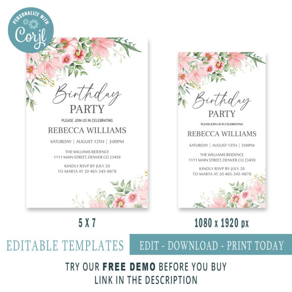 Editable Spring Floral Birthday Party Invitation