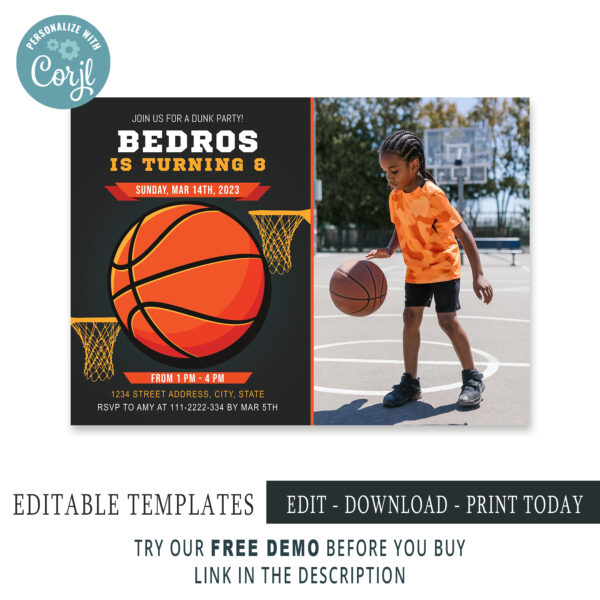 Editable Basketball invitation, Thank you Tags