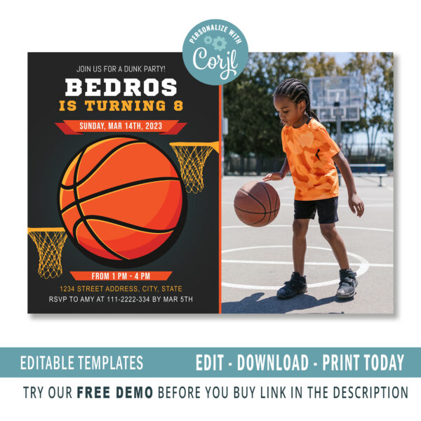 Editable Basketball invitation, Thank you Tags