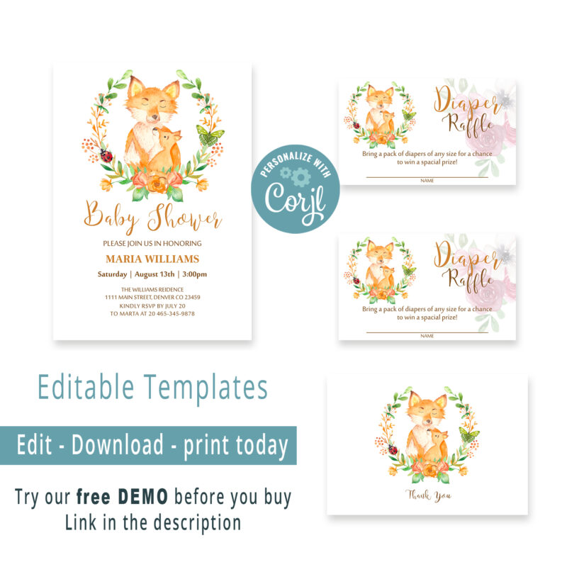Editable Cute and Whimsical Fox Baby Shower Invitation