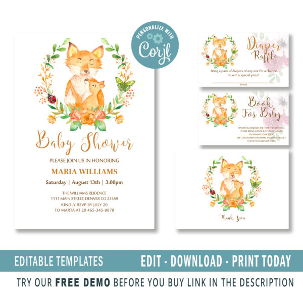 Editable Cute and Whimsical Fox Baby Shower Invitation