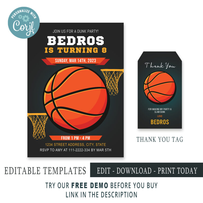Editable Basketball invitation, Thank you Tags - Image 2