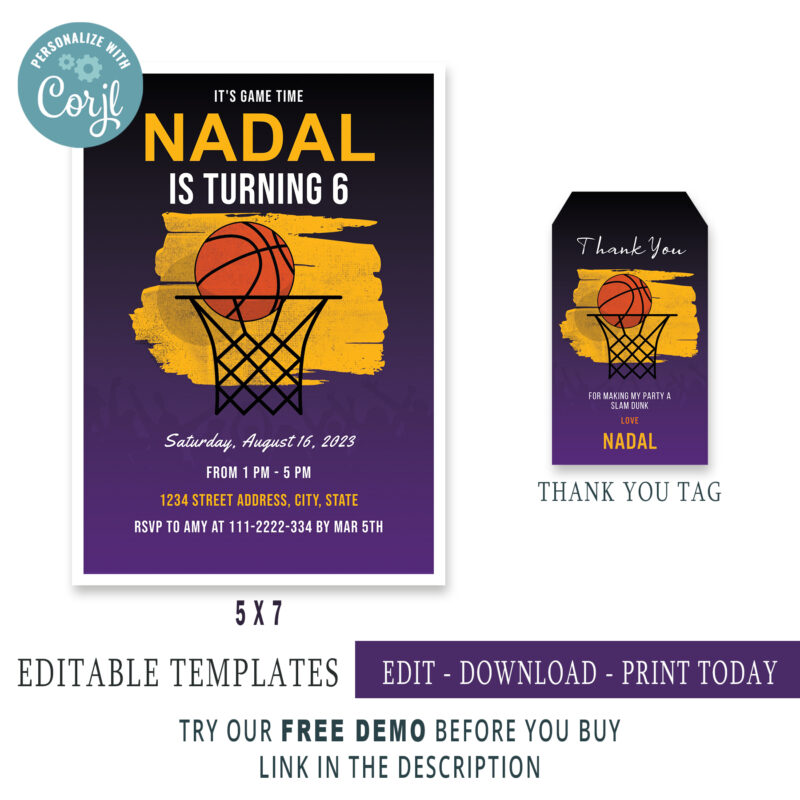 Editable Basketball invitation, Thank you Tags - Image 2