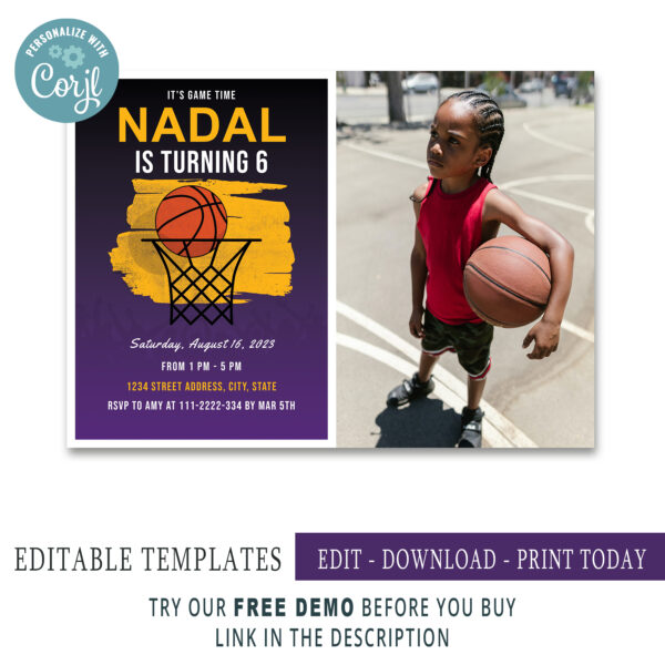 Editable Basketball invitation, Thank you Tags