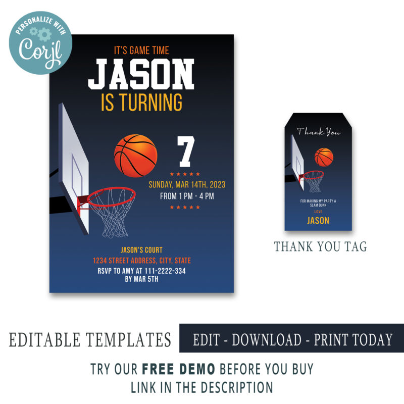 Editable Basketball invitation, Thank you Tags - Image 2