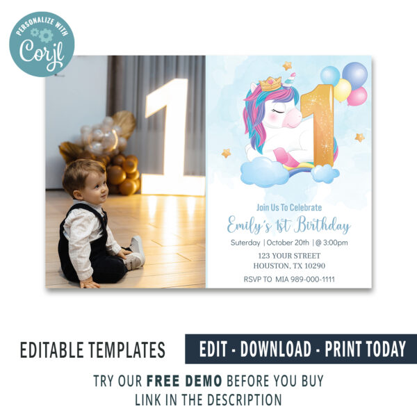 Editable Unicorn Birthday Invitation card