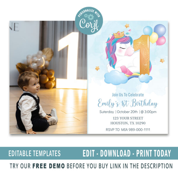 Editable Unicorn 1st Birthday Invitation card