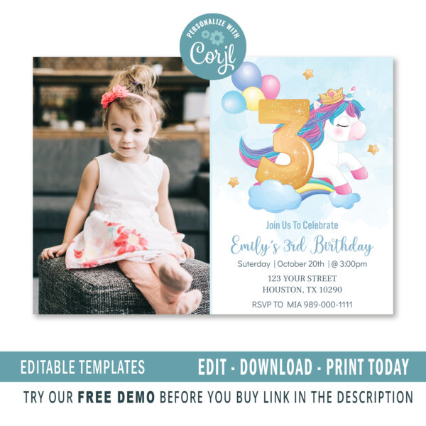 Editable Unicorn 3rd Birthday Invitation card