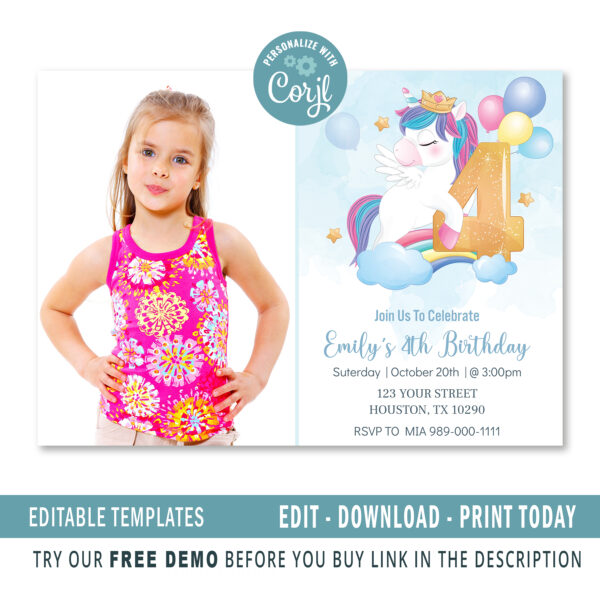 Editable Unicorn Birthday Invitation card
