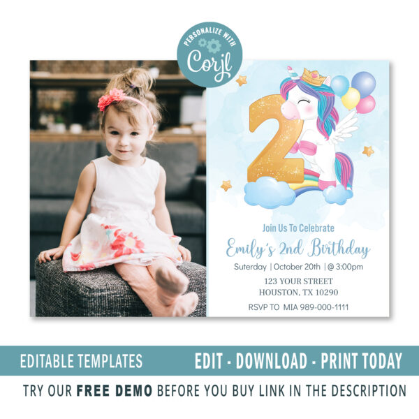 Editable Unicorn 2nd Birthday Invitation card