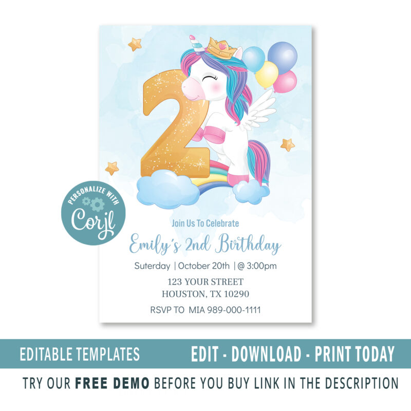 Editable Unicorn 2nd Birthday Invitation card - Image 2