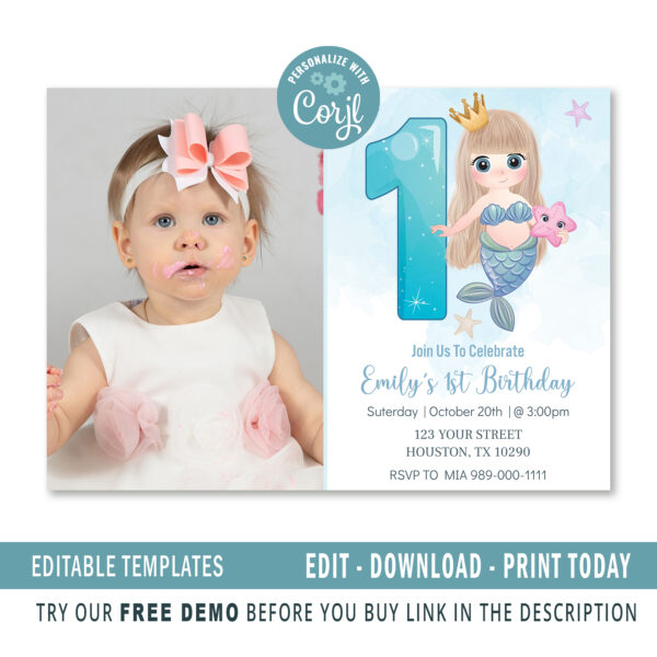 Editable Mermaid 1st birthday invitation template