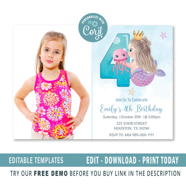 Editable Mermaid 4th birthday invitation template