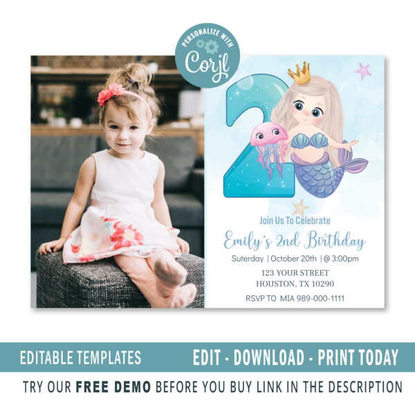 Editable Mermaid 2nd birthday invitation template