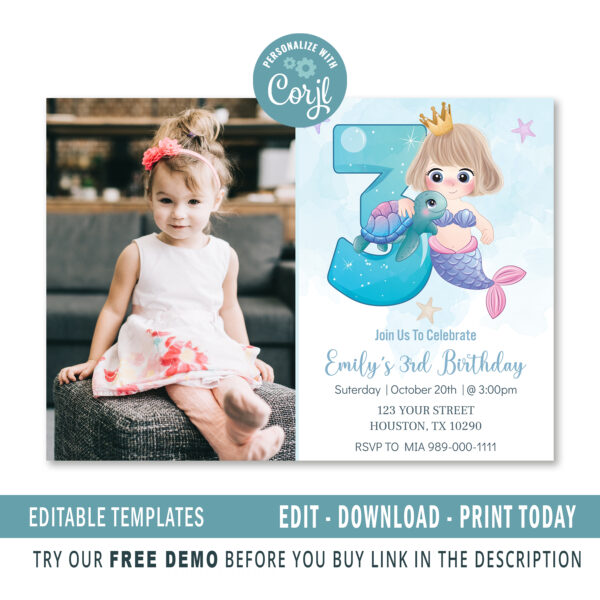 Editable Mermaid 3rt birthday invitation template