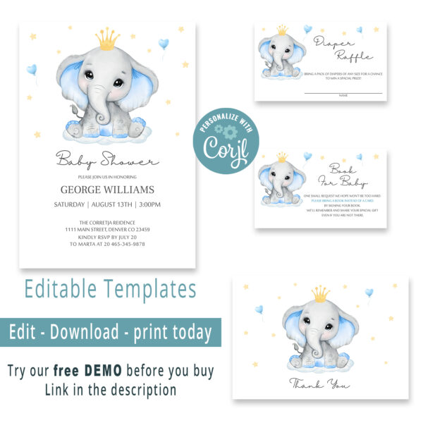 Editable Elephant Baby Shower Invitation