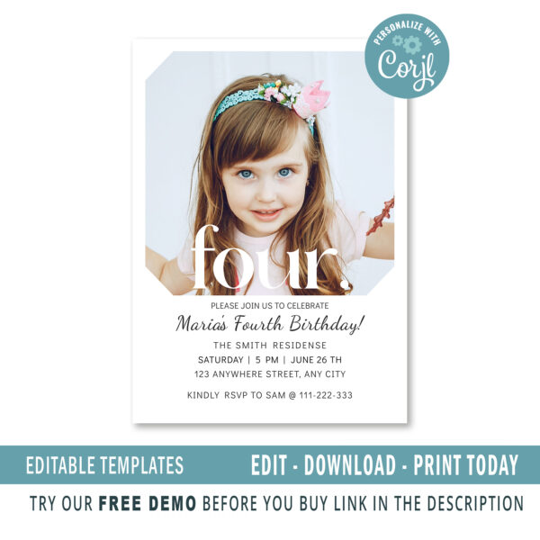 Editable fourth birthday invitation