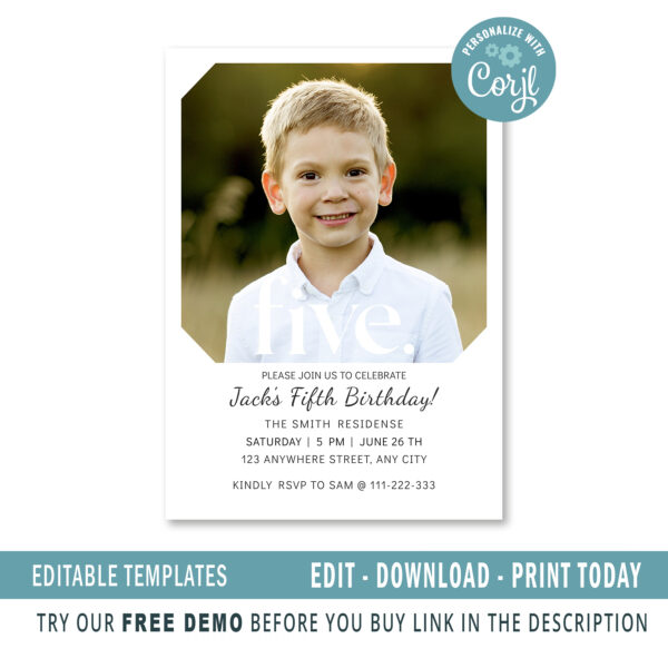 Editable fifth birthday invitation