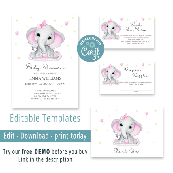 Editable Elephant Baby Shower Invitation
