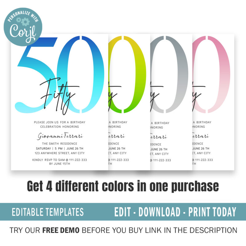 Editable 50th Birthday Invitation, 4 colors included. - Image 2