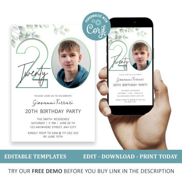 Editable 20th Birthday Invitation