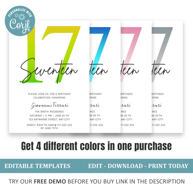 Editable 17th Birthday Invitation, 4 colors included. - Image 3