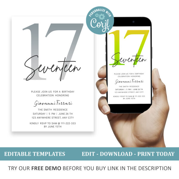 Editable 17th Birthday Invitation, 4 colors included.