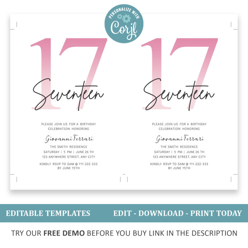 Editable 17th Birthday Invitation, 4 colors included. - Image 2