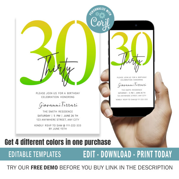 Editable 30th Birthday Invitation, 4 colors included.