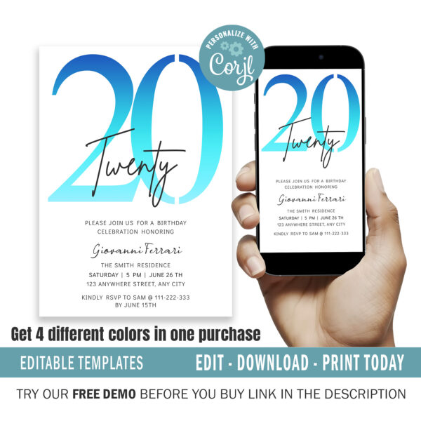 Editable 20th Birthday Invitation, 4 colors included.