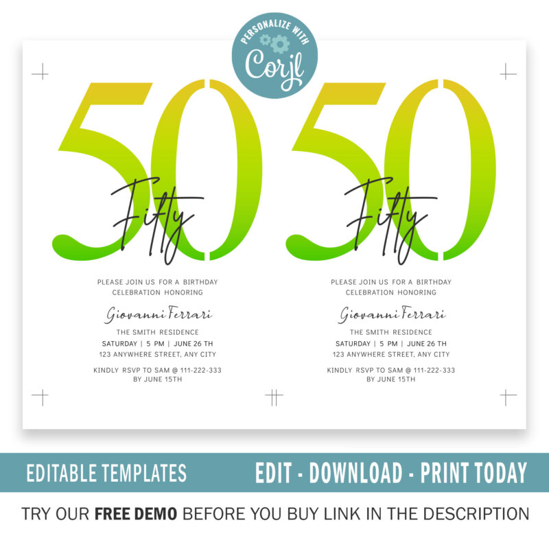 Editable 50th Birthday Invitation, 4 colors included. - Image 3
