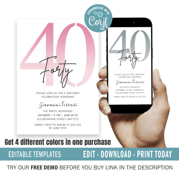 Editable 40th Birthday Invitation, 4 colors included.