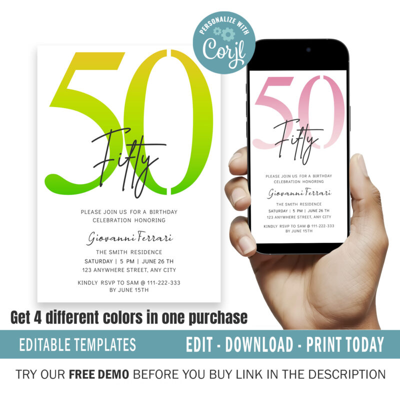 Editable 50th Birthday Invitation, 4 colors included.