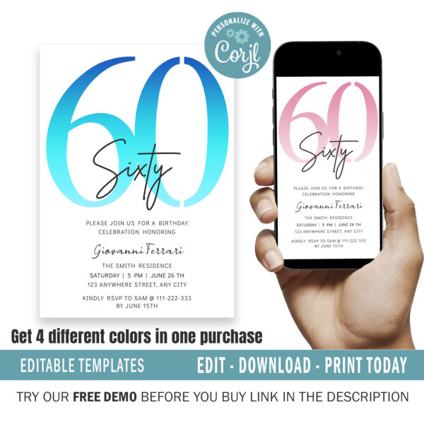 Editable 60th Birthday Invitation, 4 colors included.