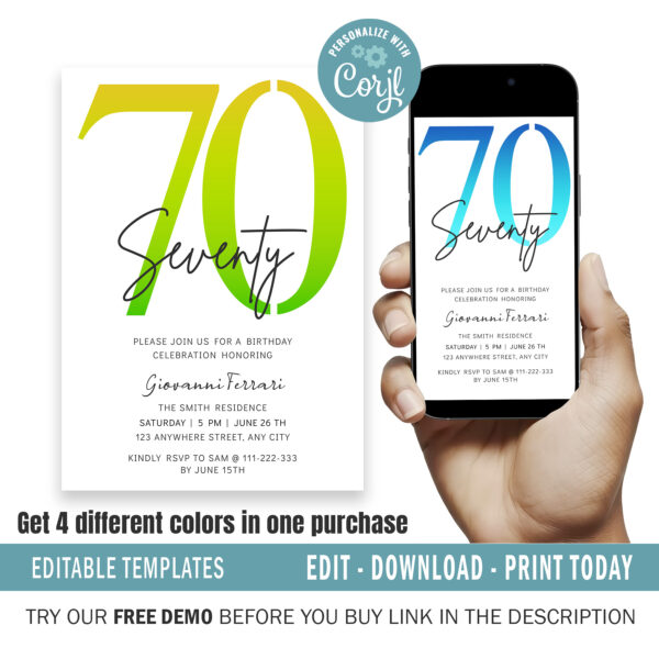 Editable 70th Birthday Invitation, 4 colors included.