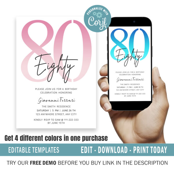 Editable 80th Birthday Invitation, 4 colors included.